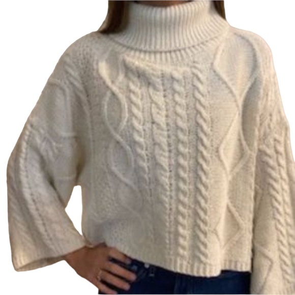 Luminere Sweaters - Cream Chunky Knit Cropped Turtleneck Sweater